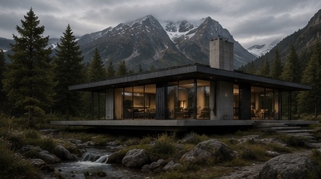 Glazed modular pavilion with a central chimney beside a mountain stream