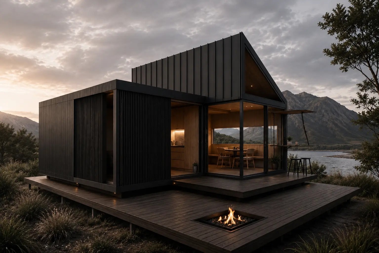 Dark-clad gabled modular dwelling with timber deck and fire pit overlooking a mountain lake