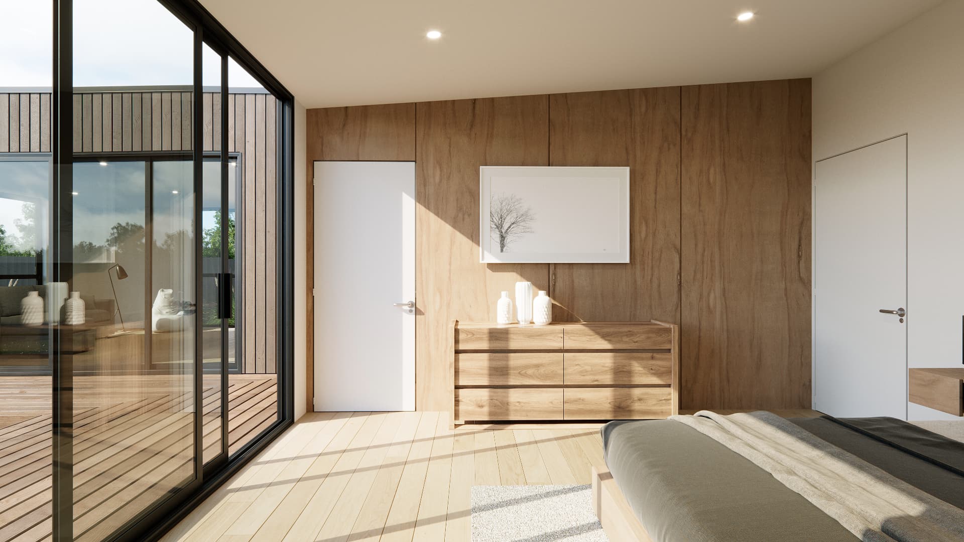 Modular dwelling bedroom with timber wall lining and full-height glazing