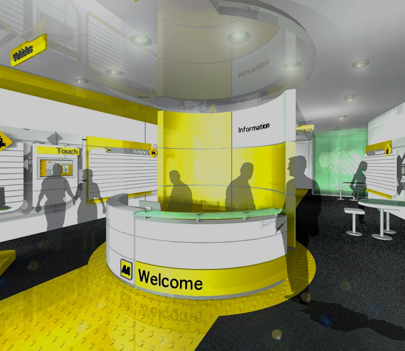 Retail interior with sculptural ceiling and welcome desk
