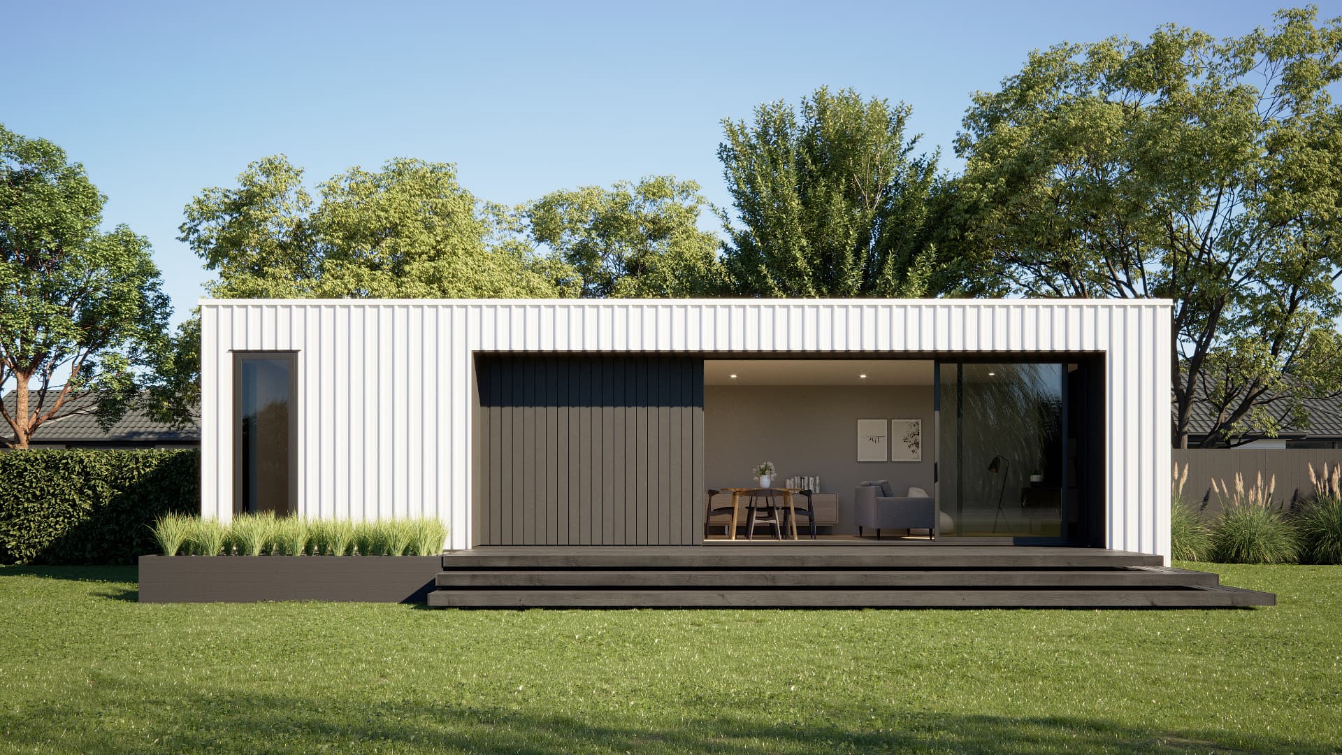 Light-clad modular dwelling with a recessed terrace overlooking a lawn